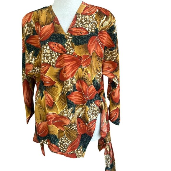 Vintage 80s Autumn Print Wrap Blouse Top - Picture 2 of 11
